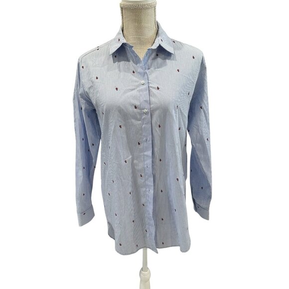 Zara Basic Blue & White Striped Button-Up Shirt With Red Floral Embroidery Size - Picture 1 of 5